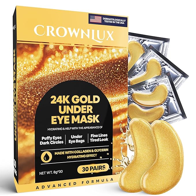 Under Eye Masks (30 Pairs), 24K Gold Under Eye Patches for Puffy Eyes, Dark Circles, Eye Bags, Refreshes Skin, Firm Glowy Youthful More Elastic Skin Hydration, Collagen Skin Care Products