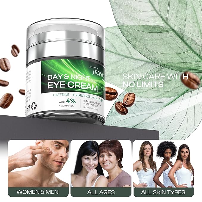 Eye Cream for Dark Circles: Caffeine Eye Cream with Hyaluronic Acid Vitamin E collagen For anti-aging dark circles eye bags puffiness Eye Lift Treatment For Men Women Day and Night 1.87oz