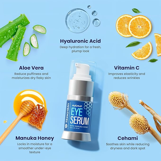 Eye Firm Antioxidant Nano Serum - with Hyaluronic Acid, Manuka Honey and Aloe Vera - Anti Aging and Anti Wrinkle - Spots and Hyperpigmentation Treatment (0.5oz)