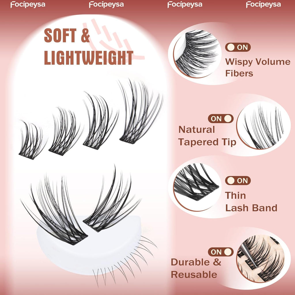 Focipeysa Natural Look Lash Clusters Wispy Cluster Eyelash Extensions 10-16mm Eyelash Extensions C-Curl Lashes Extensions with Bottom Lashes Fairy Individual Eyelash DIY Lash Clusters at Home