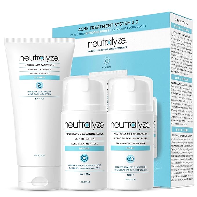 Moderate to Severe Acne Treatment Kit - Maximum Strength 3 Step System with 2% Salicylic Acid, 2% Mandelic Acid & Nitrogen Boost Skincare Technology - Acne Medication for Teens & Adults (90+ Day)