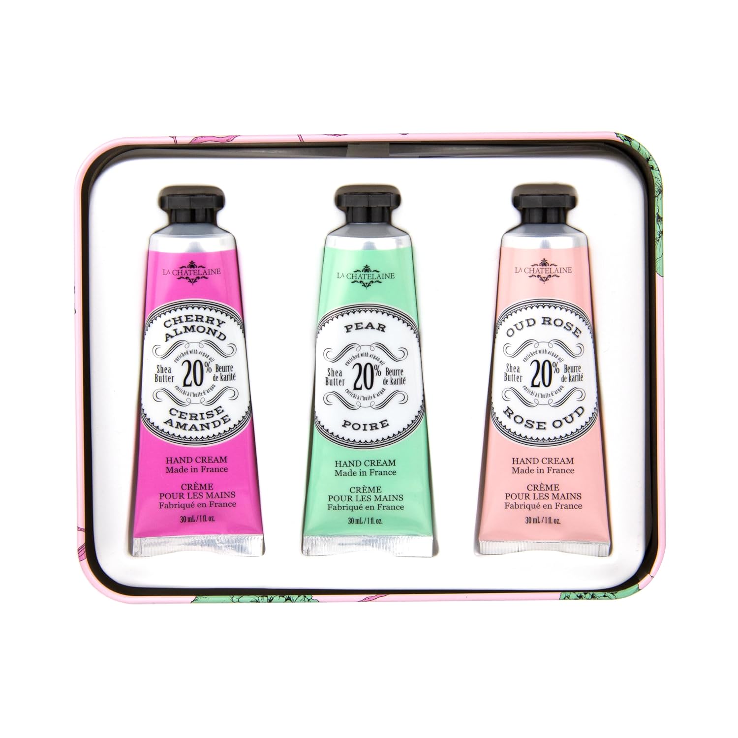 La Chatelaine Rose Hand Cream Trio Tin Gift Set, Ready-To-Gift Tin, Nautral, Made in France with 20% Organic Shea Butter, Nourishing and Moisturizing (Cherry Almond, Pear, Oud Rose)