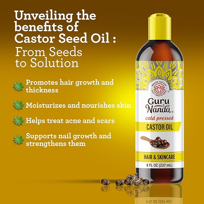 GuruNanda Castor Oil (8 Fl oz), 100% Pure, Cold Pressed & Hexane-Free, Hydrating Carrier Oil, Natural Castor Oil for Hair, Eyebrows & Eyelashes Growth