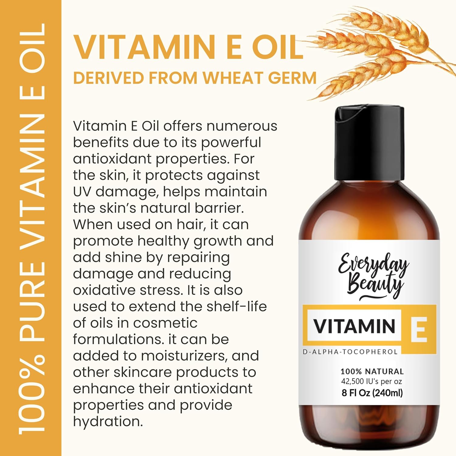 Pure Vitamin E Oil Bulk - 8 oz D-Alpha Tocopherol 100% Pure & All Natural 42,500 IU per oz - Not a Blend, Thick, Amber Color - From Wheat Germ - Face Body Hair - DIY Cosmetics & After Surgery Scars…