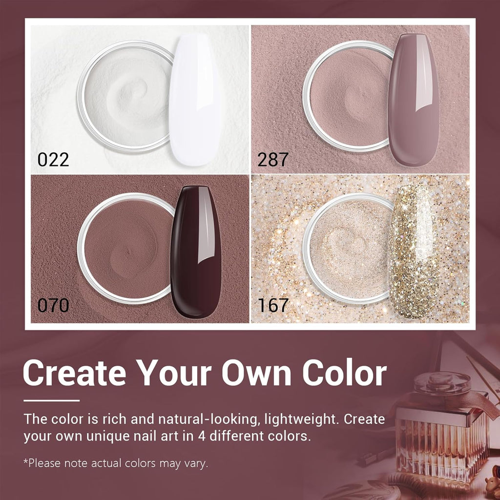 AZUREBEAUTY Dip Powder Nail Starter Kit White Mauve Glitter Champagne, Dipping Powder 4 Colors Set, French Nail Art Base Top Coat Activator Liquid Manicure DIY Salon 12 PCS