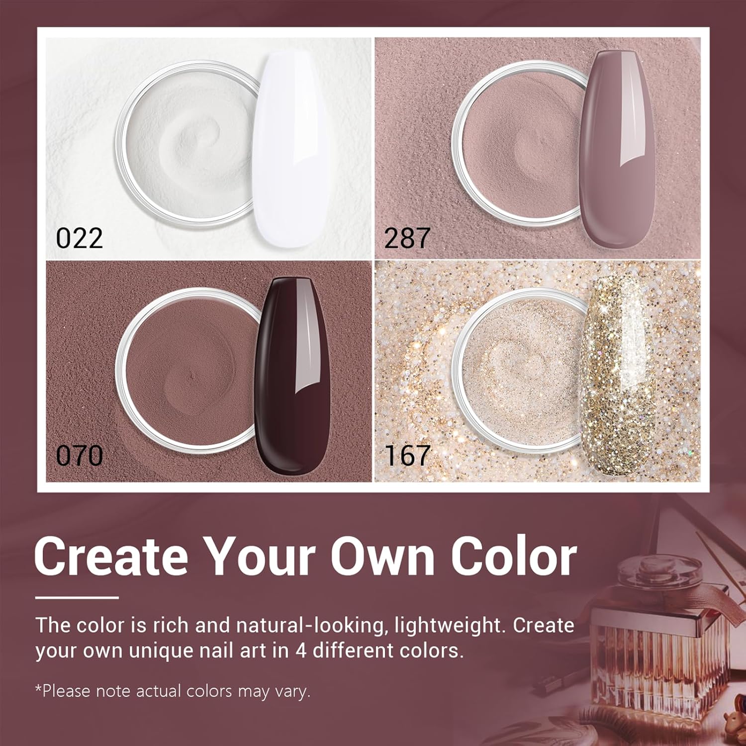 AZUREBEAUTY Dip Powder Nail Starter Kit White Mauve Glitter Champagne, Dipping Powder 4 Colors Set, French Nail Art Base Top Coat Activator Liquid Manicure DIY Salon 12 PCS