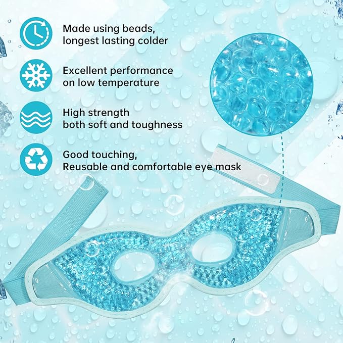2 PCS Ice Eye Mask Reusable Ice Pack Hot/Cold Compress Gel Bead Cooling Mask for Puffiness/Dark Circles/Headaches/Migraines/Stress Relief (Blue)