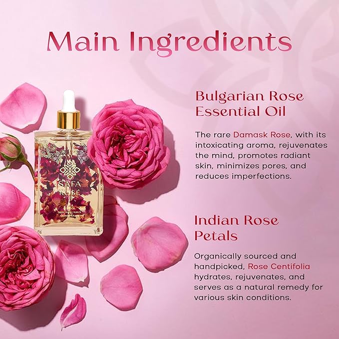 SAFA Rosé Oil - Organic Oil for Face, Body, Hair, Nails & Aromatherapy | Bulgarian Rose Essential Oil for Diffuser | After Shower Body Oil | Skin Moisturizer - 4 Fl Oz (1)