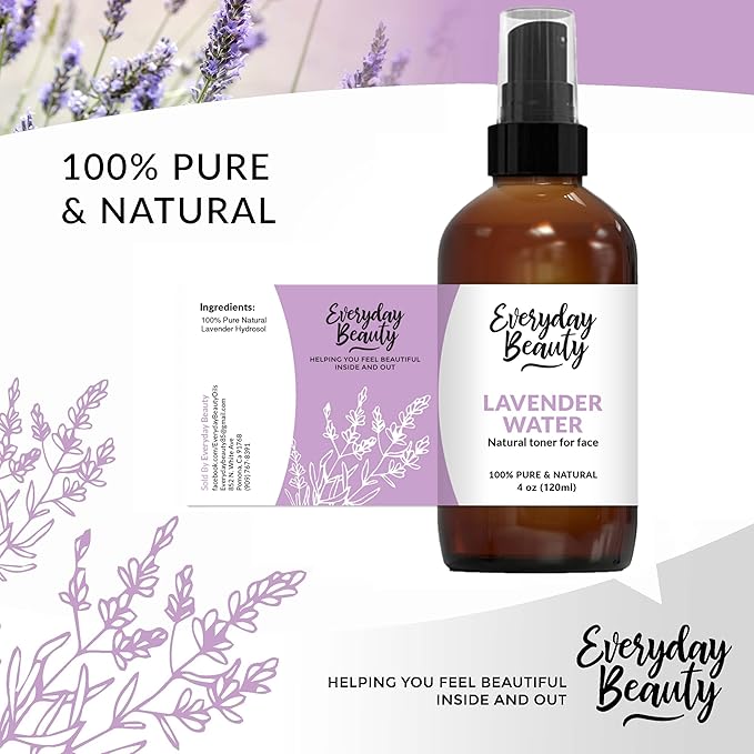 Lavender Hydrosol Facial Toner - All Natural Hydrating Spray Mist for Face and Hair - 100% All Natural Lavender Water Hydrosol 4oz with Fine Mist Cap