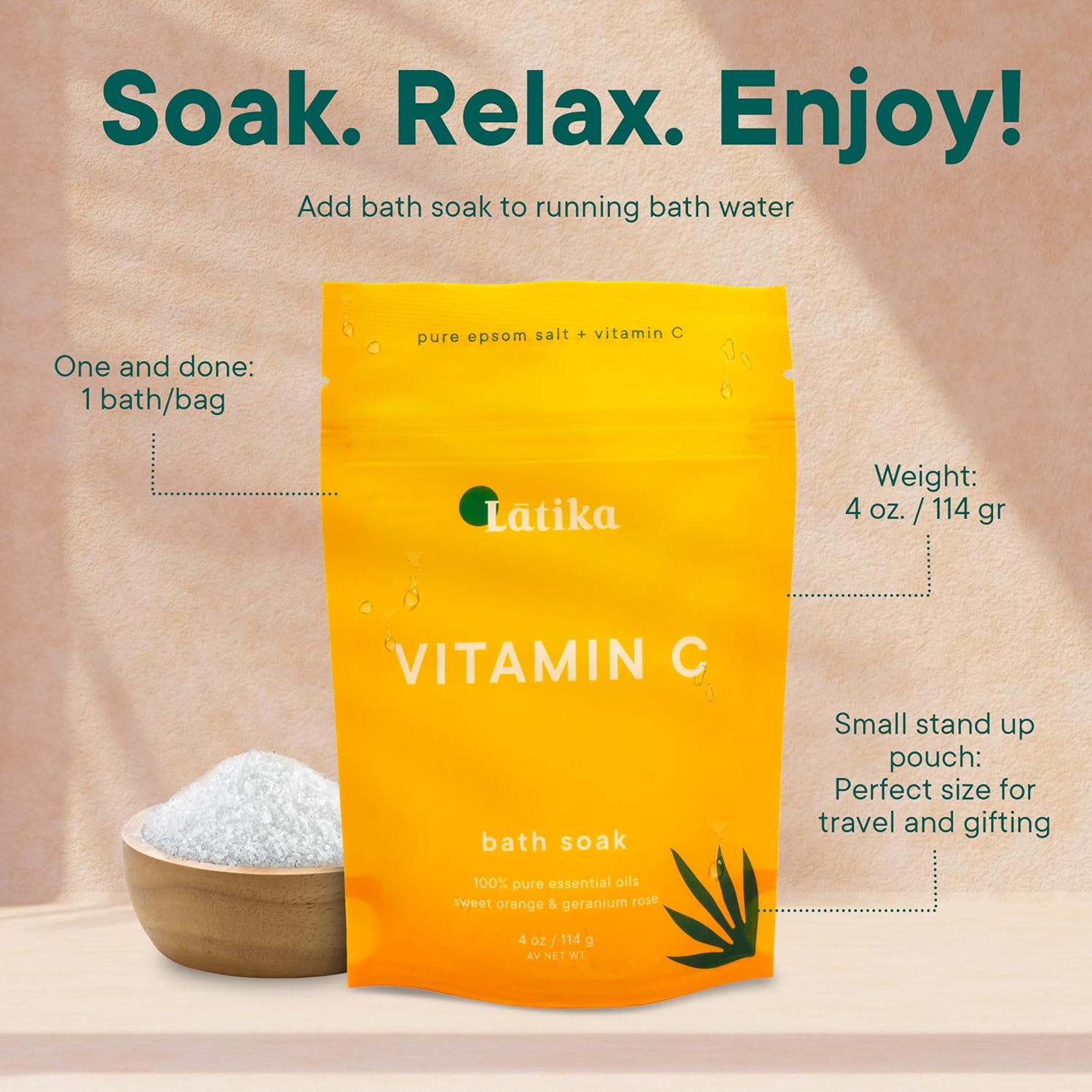 Soaks Set of 3 - Vitamin C Bath Soaks with Sweet Orange and Geranium Rose - Moisturizing Epsom Salt Soaks for Stress Relief, Detox, and Antioxidant Skincare - at Home Spa Retreat