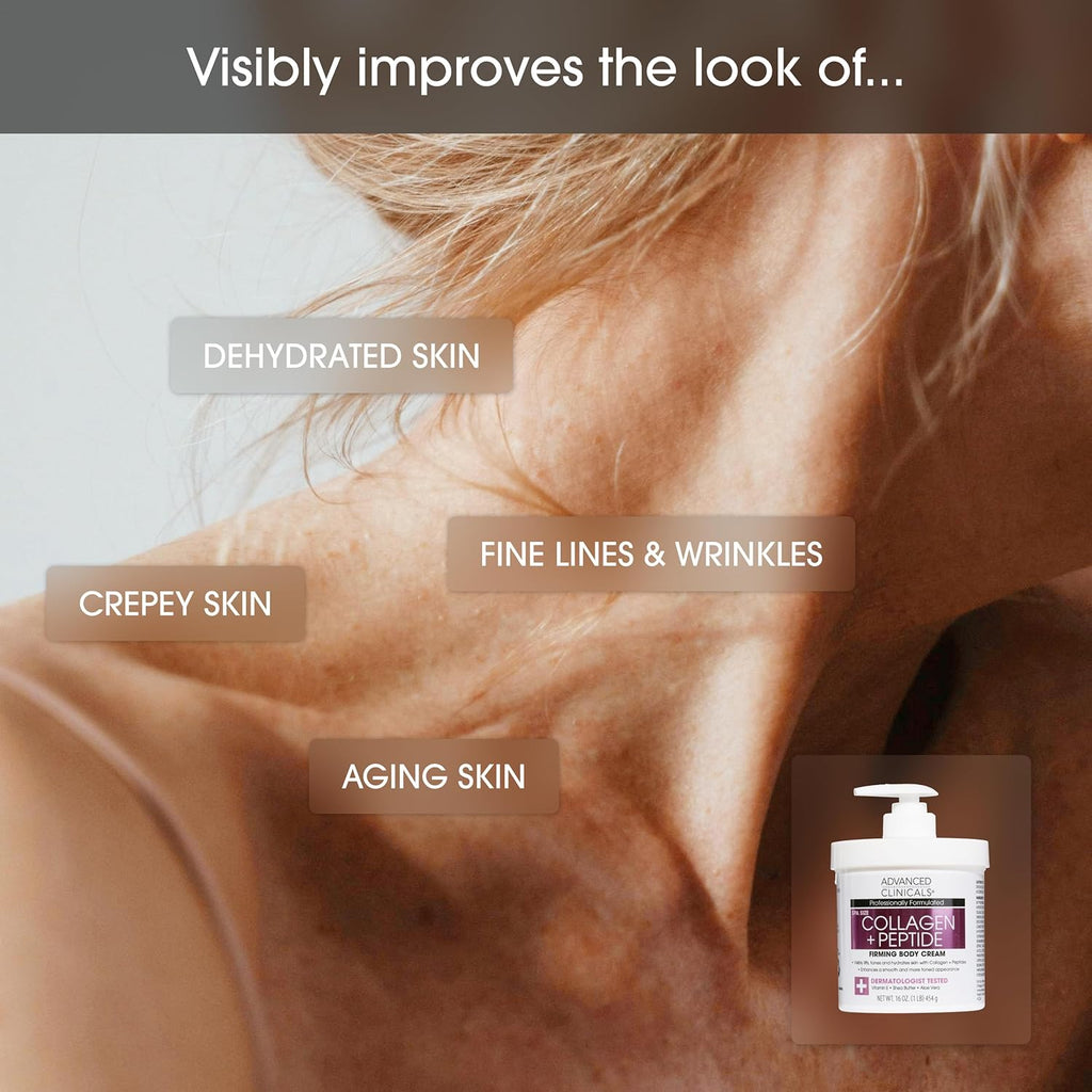 Advanced Clinicals Collagen Peptides Body Lotion & Face Moisturizer | Peptide Infused Collagen Lotion For Women & Men Helps Improve Look Of Crepey Skin, Wrinkles, & Uneven Dry Skin Texture, 16 Ounce