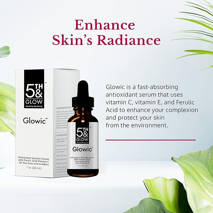 5th & Glow Glowic Anti-Aging Serum for Women – Antioxidant Serum for Face - Contains Hyaluronic Acid and Vitamin C – Reduces the Appearance of Dark Spots, Fine Lines, and Wrinkles, 1 oz