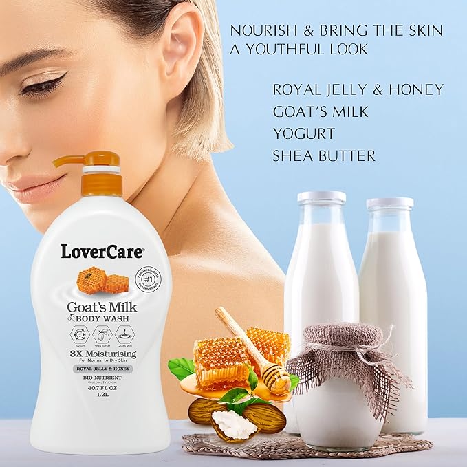Lover's Care Goat Milk Body Lotion for Dry Skin Royal Jelly & Honey 27.05oz (800ml) - Combo Body Lotion & Body Wash…