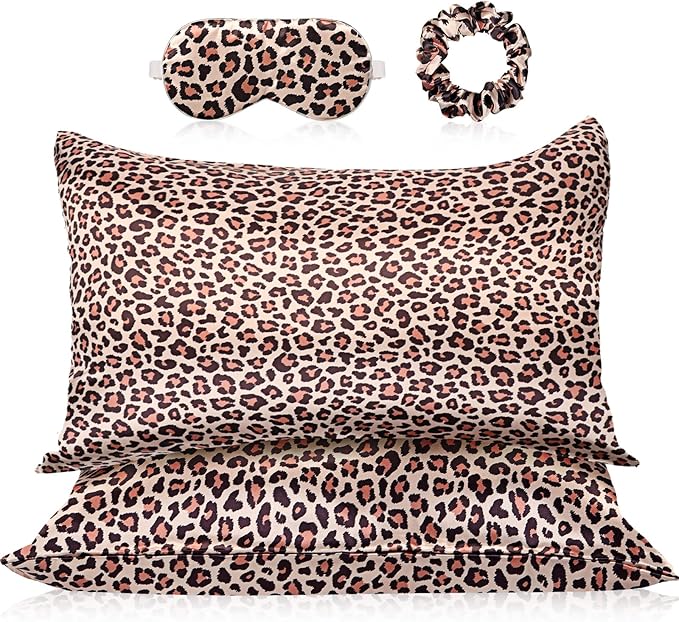 2 Pack Satin Pillowcase with Latent Zipper, Adjustable Satin Eye Mask for Sleeping and Satin Volume Scrunchie for Hair and Skin, Standard Size (Brown,Leopard Style)