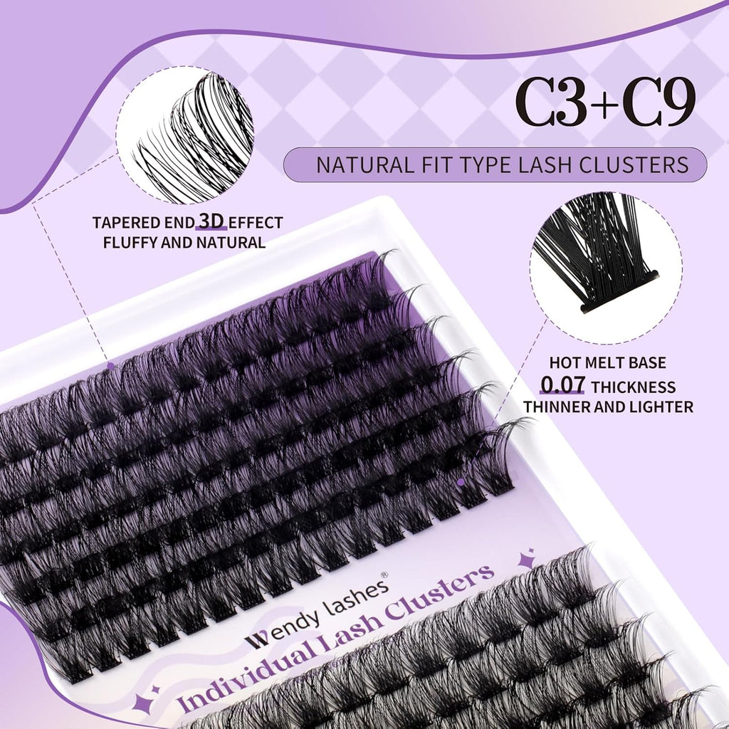 Lash Clusters Wispy Individual Lashes Fluffy Thick Volume Eyelash Clusters DIY False Eyelashes D Curl Cluster Eyelash Extensions Comfortable Lash Extension for Beginners by WENDY LASHES(C3/C9-D-1216)