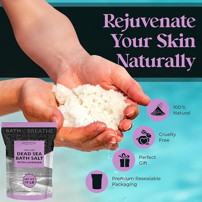 Aromasong Pure Dead Sea Salt for Soaking with 100% Natural Lavender, 19 LB - Spa Bath Salt Fine Grain - Body Wash Scrub - Soak for Women & Men- Bulk Resealable Pack (Packaging May Vary)