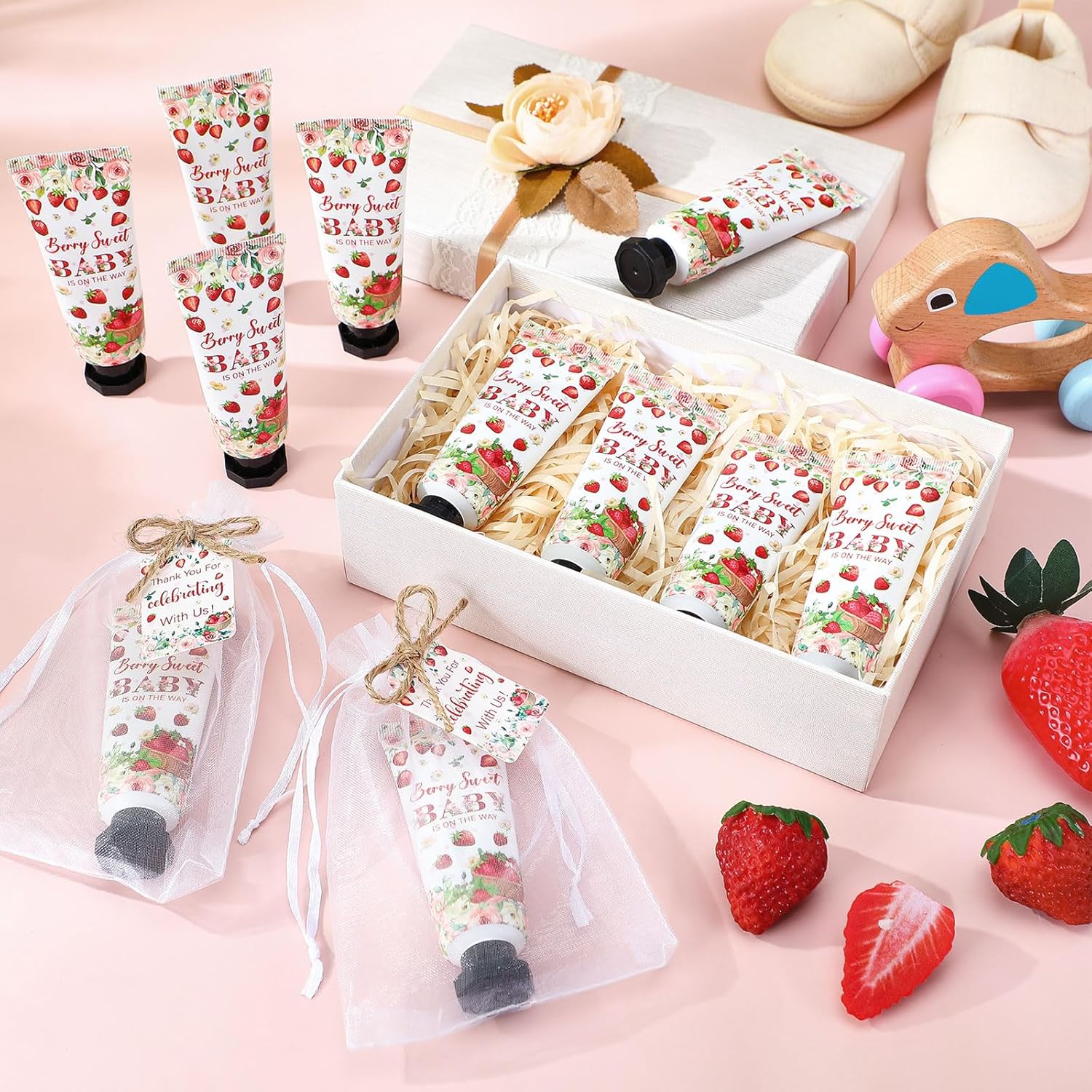 48 Sets Strawberry Hand Cream Gifts Baby Shower Party Hand Cream Favors for Guests Berry Sweet Baby Is on the Way Gift Bulk Travel Size Hand Lotion Set for Guest