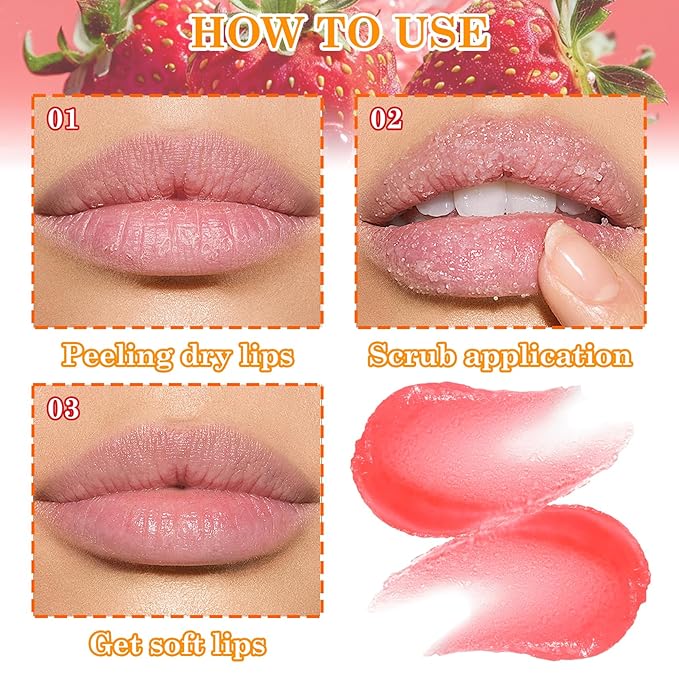 2 Pack Strawberry Lip Scrub Set,Long Lasting Moisturizing Lip Scrubber Exfoliator, Cleansing Hydrating Lip Exfoliator Scrub and Moisturizer Kit for Chapped Dry Lips