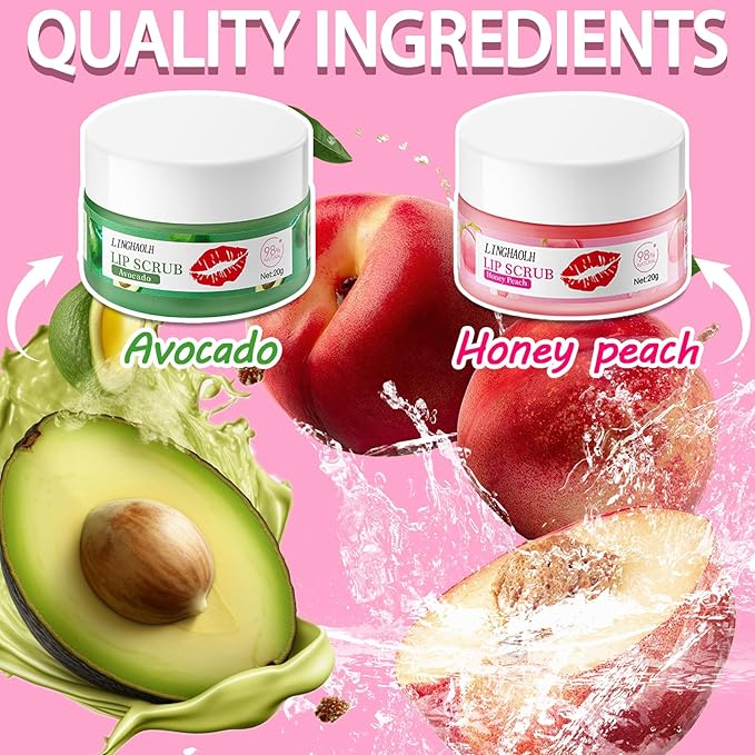 2PCS Lip Scrub Exfoliator,Gentle Lip Scrubber Exfoliator,Lip Exfoliator Scrub for Daily Lip Care,Lip Moisturizer for Nourishing Lip（Peach, Avocado）