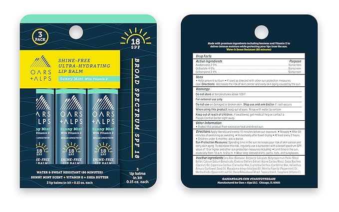 Oars + Alps Lip Suncreen, SPF 18 Lip Balm, Shine Free Sunscreen for Lips, Infused with Vitamin E, Peppermint & Spearmint, Water & Sweat Resistant, Moisturizing, Hydrating, Sunny Mint Scent, 3pk