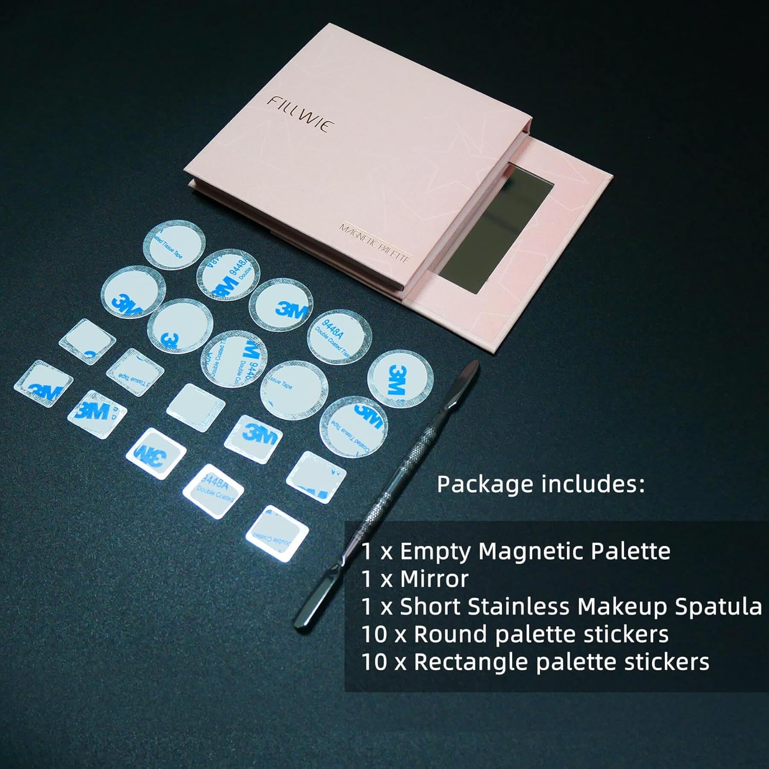 Pink Magnetic Refillable Makeup Palette with Mirror – Lightweight, Durable, Travel-Ready Case for Eyeshadow, Blush, Lipstick – Includes Spatula & 20 Stickers – Small, Waterproof Paperboard