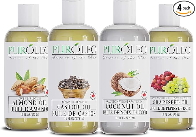 PURÓLEO Carrier Oil Gift Set- 4 Pcs - Coconut Oil- Almond Oil - Castor Oil - Grapeseed Oil - 100% Natural Moisturizing Massage 4 Pc (16 Fl Oz)