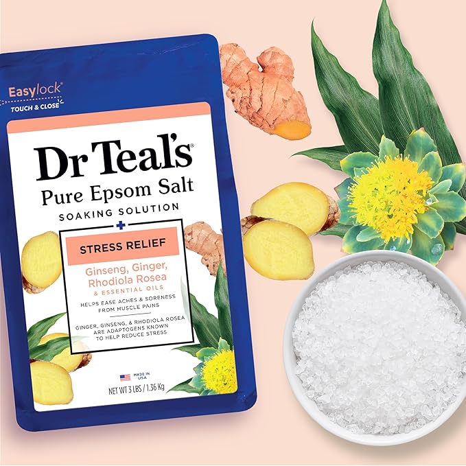 Dr Teal's Pure Epsom Salt Stress Relief with Ginseng & Ginger Essential Oils, 3 lbs (Pack of 4)