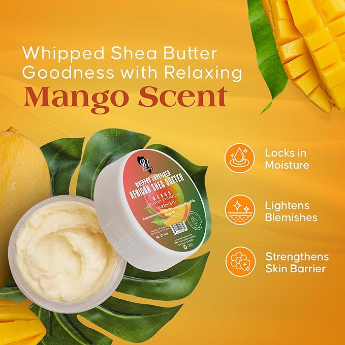 RA COSMETICS Whipped Shea Butter Mango - 6oz | 100% Pure and Natural African Shea Butter for Men & Women - Ultimate Handcrafted Moisturizer with Essential Vitamins for Radiant Skin & Luscious Hair