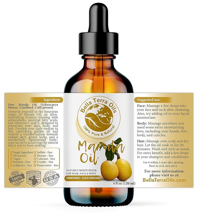Bella Terra Oils - Marula Face Oil 4oz - The Touch of Nature's Purest, Packed with Vitamin B & Vitamin A, A Glow-Boosting Sensation