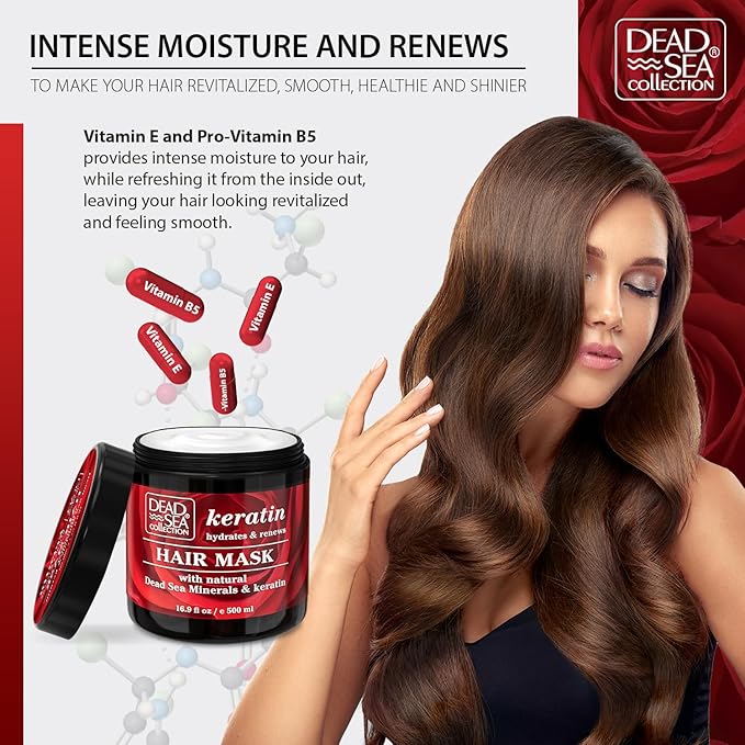 Dead Sea Collection Keratin Hair Mask - Repair, Strengthening and Hydrating Treatment for Damaged Hair - with Nourishing Dead Sea Minerals and Keratin - 16,9 Fl. Oz