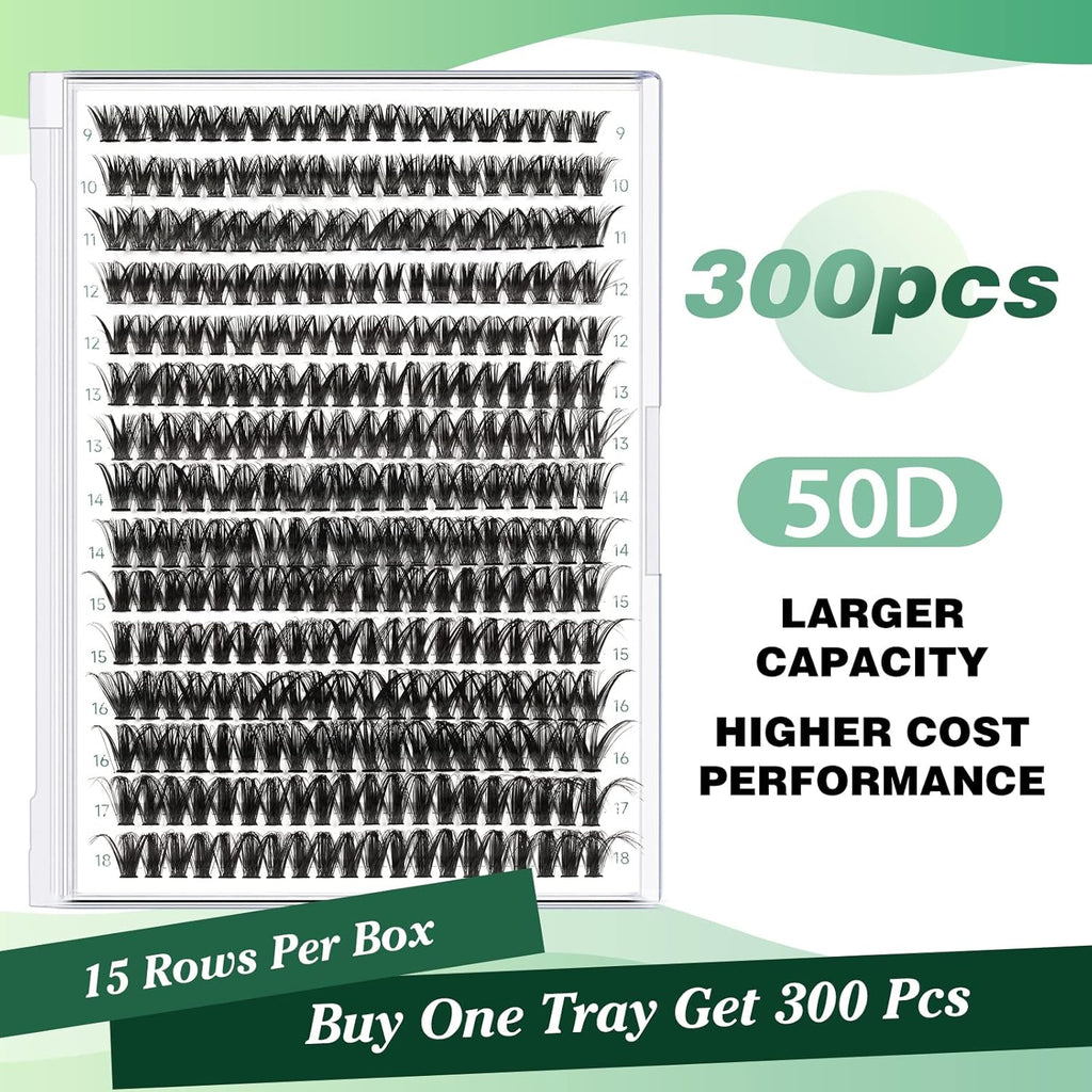Lash Clusters 300pcs Individual Lashes 50D 0.07D Curl 9-18MIX DIY Eyelash Extension KEYYOU Large Tray Volume Soft&Natural Cluster Lashes(50D-0.07D,9-18MIX）