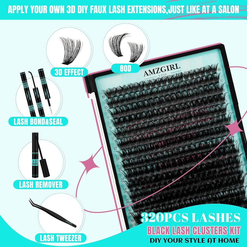 Lash Clusters Kit 320Pcs, 80D DIY Individual Eyelashes Extension With Bond, Seal, Remover, Applicator Tool for False Cluster At Home (D-Mix10-16mm)