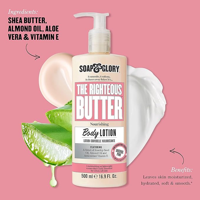 Soap & Glory Original Pink The Righteous Butter Moisturizing Body Lotion Pump - Shea Butter, Vitamin E & Aloe Vera Vegan Body Moisturizer - Rose & Bergamot Scented Lotion (500ml)