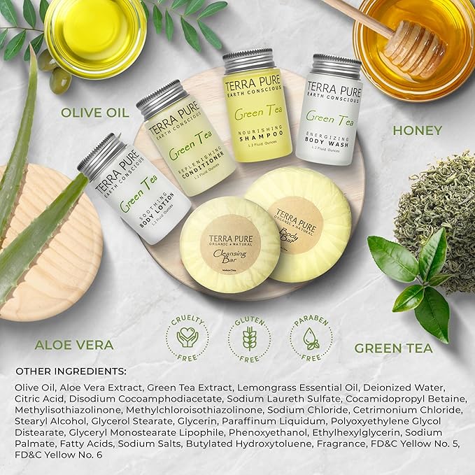 Terra Pure Green Tea Amenity & Accessory Kit | 1 oz Travel Size Shampoo, Conditioner, Lotion, Body Wash, 2 Soap Bars, Shave & Dental Sets, Make-Up Remover Wipes, & Vanity Kit | 1 set per case