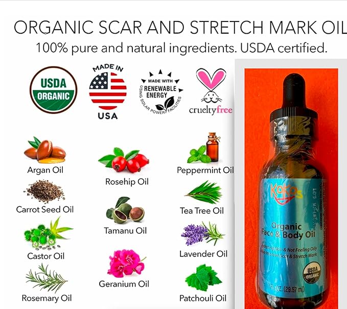 KOKOS Organic face and body oil, scar, stretch mark,Rosehip, Wheat Germ, Argan, Tamanu, Carrot, Rosemary, Lavender, Geranium, Patchouli, Sage oil