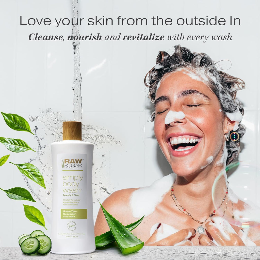 RAW SUGAR Sensitive Skin Simply Body Wash - Green Tea + Cucumber + Aloe Vera, Moisturizing & Brightening Bath & Shower Gel, Sulfate-Free, Paraben-Free & Vegan (Pack of 3)