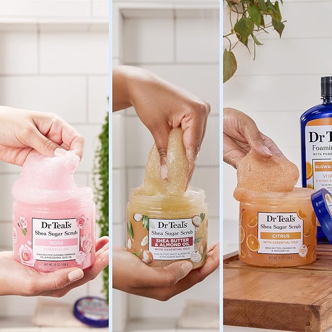 Dr Teal's Shea Sugar Scrub Trial Pack, Rose, Shea Butter, Citrus 19 oz (Pack of 3)