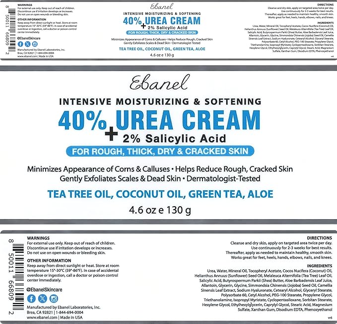 Ebanel Urea Cream 40% plus Salicylic Acid 2%, Foot Cream for Dry Cracked Heels Feet Knees Elbows Hands, Foot Dead Skin Cuticle Callus Remover Toenail Softener, Keratolytic Skin Barrier Repair, 3-Pack