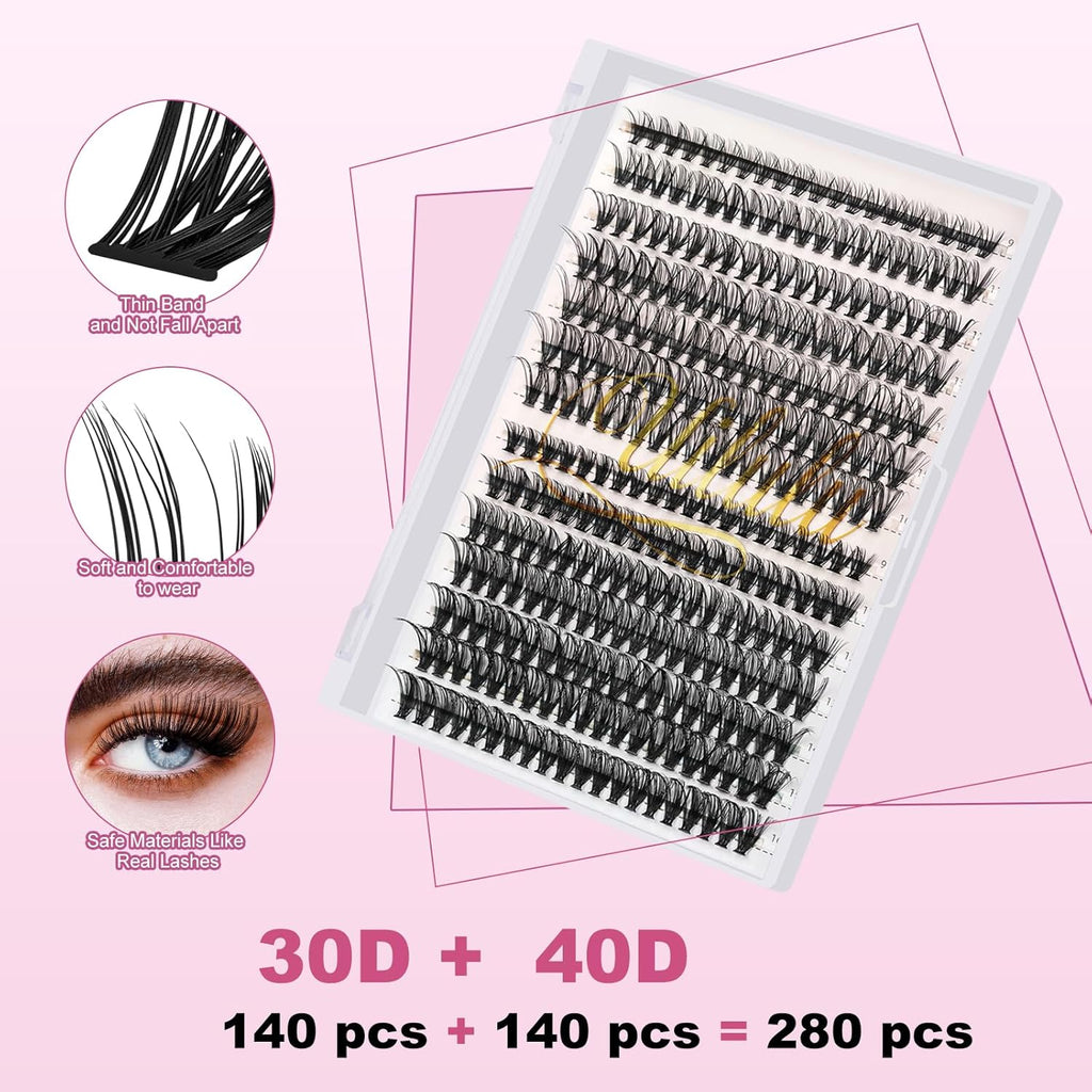 Lash Clusters Individual Lashes D Curl 30+40D 0.07D 9-16 MIX 280 Clusters Lashes DIY Lash Extensions at Home False Lashes Wispy Eye Lash Clusters