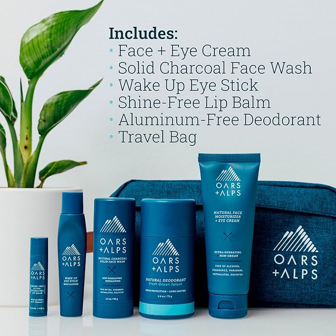 Oars + Alps Ultimate Oarsman Skin Care Kit for Men, Includes Face Wash, Eye Roller, Deodorant, Lip Balm, Moisturizer, and Travel Bag, TSA Friendly, 5 Items Total