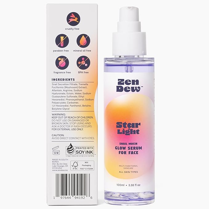 97% Snail Mucin Serum, Star Light by Zen Dew | Non-Sticky Snail Serum with Clinical Actives to Smooth, Brighten, Hydrate, Skin Repair | Cruelty Free, Made in S. Korea, 3.38 Fl Oz
