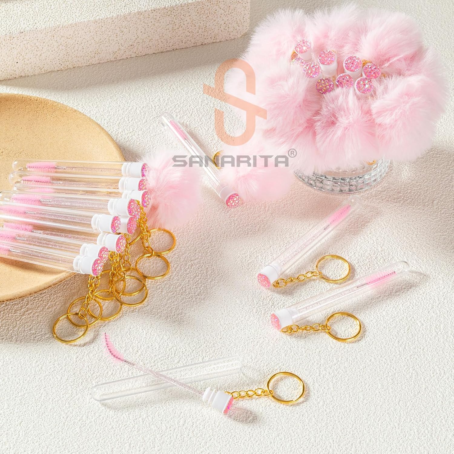 Upgrade 48 Pieces Disposable Mascara Wands Set,Include 24 Pcs Crystal Lash Spoolies Brush and 24 Pcs Reusable Keychain Empty Eyelash Brush Tubes