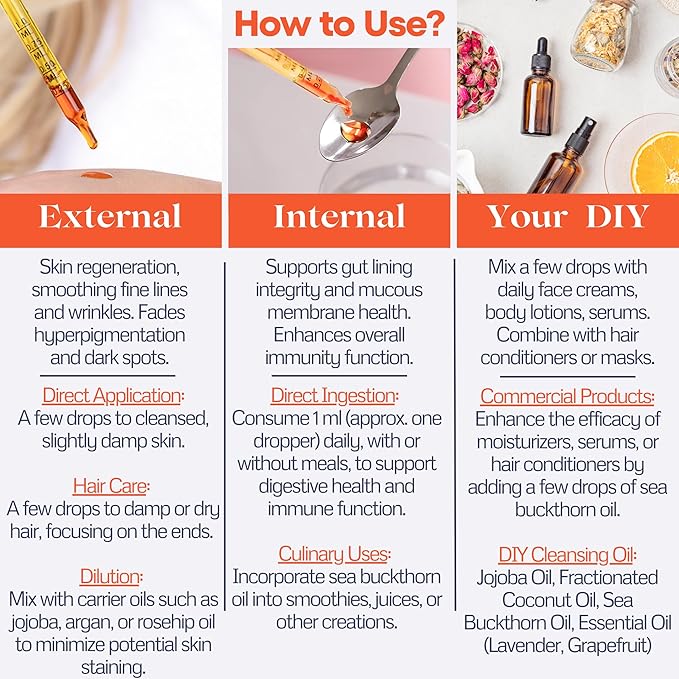 Sea Buckthorn Oil Organic - 2 fl oz Cold-Pressed Sea Buckthorn Berry Oil - Seabuckthorn Oil for Face and Organic Sea Buckthorn Oil Supplement