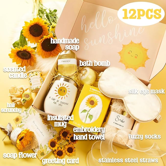 CARE PACKAGE & SEND SUNSHINE GIFTS FOR WOMEN, SUNFLOWER GIFTS BASKET, BIRTHDAY GIFTS FOR MEN WOMEN