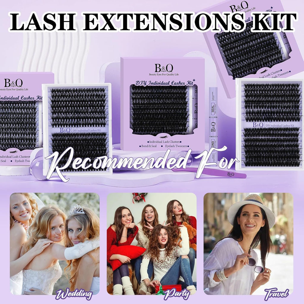 B&Qaugen Lash Extension Kit 280Pcs Volume Individual Lashes Kit Superfine Individual Eyelashes 10-18mm Soft D Curl Eyelash Clusters Kit with Bond and Seal Tweezers for Self Use （Kit-90D-10-18MIX）