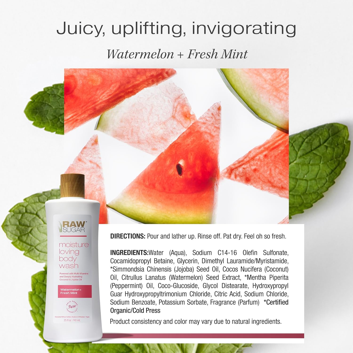 RAW SUGAR Simply Body Wash, (25 Fl Oz, Pack of 1) Bath Soap, Formulated without Sulfates & Parabens (Watermelon + Fresh Mint)