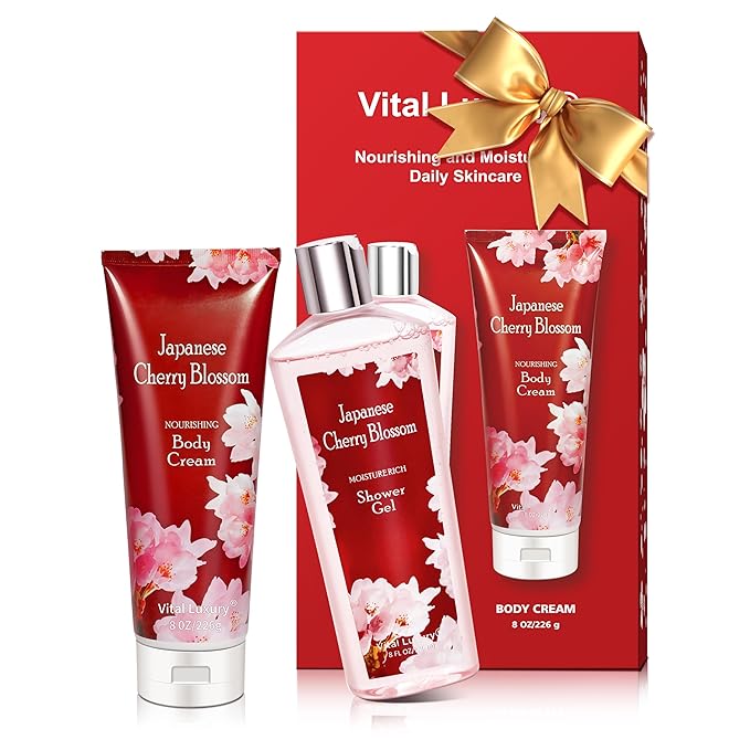 Japanese Cherry Blossom Shower Gel and Body Cream Set - Nourishing and Moisturizing Daily Skincare - 8 fl.oz / 236mL Each, Birthday Mother's Valentine's Day Gifts for Her and Him