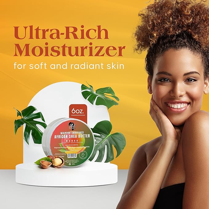 RA COSMETICS Whipped Shea Butter Mango - 6oz | 100% Pure and Natural African Shea Butter for Men & Women - Ultimate Handcrafted Moisturizer with Essential Vitamins for Radiant Skin & Luscious Hair
