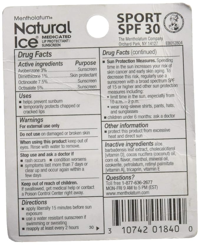 Natural Ice Mentholatum Sport Medicated Lip Protectant With Spf 30 Sunscreen, 0.15 Ounce