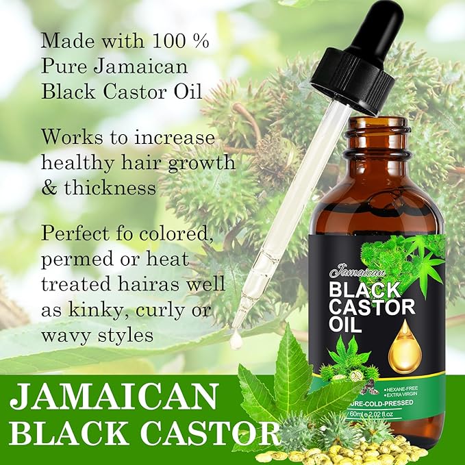 Jamaican Black Castor Oil 60ml - 100% Pure Black Castor Oil Organic Cold Pressed Unrefined for Hair Growth, Eyelashes, Eyebrows Thicker, Body & Face Skin Care Moisturizing Massage Oil